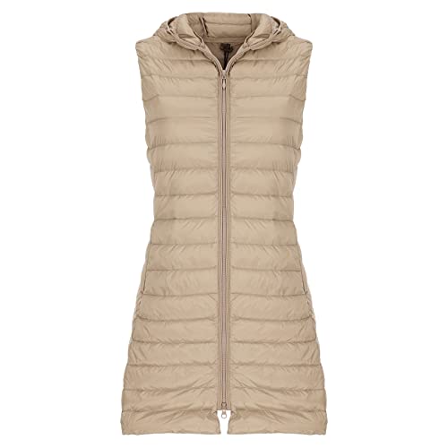 Damen Steppweste Winter Daunenweste Übergangsweste Lang Weste Winterjacke Leichte Warm Gesteppt Casual Longweste Winterweste Daunenmantel Oversize Daunenjacke Waistcoat mit Kapuze 14# Beige,M von Dislsokrhov