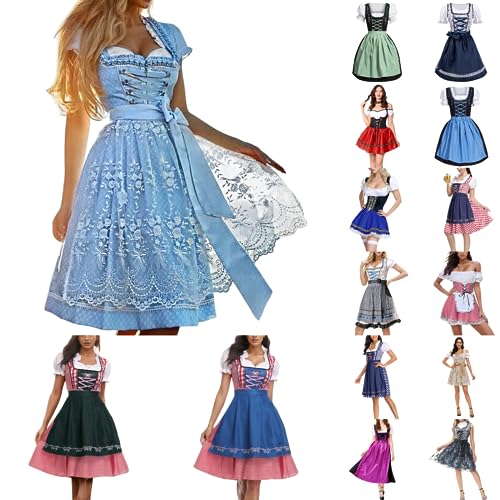 Dirndl Damen Midi Trachtenkleid Trachtenmode Trachtenrock Kleid mit Spitze Dirndl-Komplettsets Vintage Kurzarm Bierkleid Bühnenkleid Abschlussballkleid für Oktoberfest Besondere Anlässe 1# Blau,L von Dislsokrhov