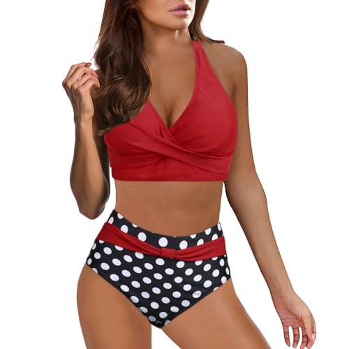 Dislsokrhov Bikini Damen Set high Waist Push up bauchweg Zweiteiliger Badeanzug Crossover Ties-up Neckholder Bikinioberteil Strandmode Teenager mit Tanga #01 Rot,M von Dislsokrhov