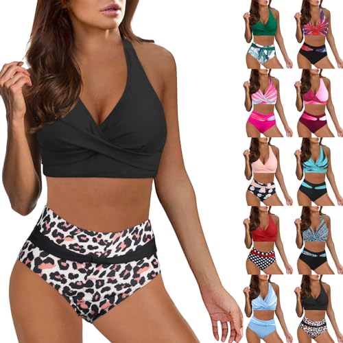 Dislsokrhov Bikini Damen Set high Waist Push up bauchweg Zweiteiliger Badeanzug Crossover Ties-up Neckholder bikiniohose gedruckt String Tanga hohe Taille #01 Schwarz,L von Dislsokrhov