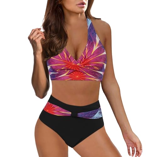 Dislsokrhov Bikini Tanga Damen Set Brazilian Crossover Ties-up Neckholder bikiniohose gedruckt high Waist bademode Wende-Slip Zweiteiliger Badeanzug #01 Wassermelonenrot,XXL von Dislsokrhov