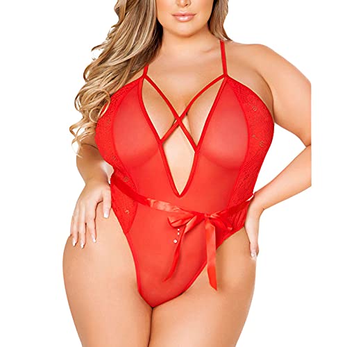 Dislsokrhov Bodysuit Women Sexy Mesh Spitzen Nachtwäsche Dessous Set Sexy Sleepwear erotische Dessous Frau Spitze Dessous mit Strapse Rot 5XL von Dislsokrhov