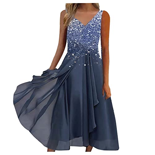 Damen Abendkleid Elegant Ballkleid A-Line Swing Cocktail Kleid Midilang MiniKleid Sommerkleid Wickelkleid Clubwear Frauen Tunika Abiballkleider für Cocktail Hochzeit Party Blau,XL von Dislsokrhov