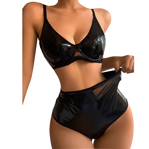 Dislsokrhov Damen Metallic Crop Top Neckholder Oberteil Bauchfrei Lack Leder Bustier Unterhemd kurz Clubwear Tank Top Push Up Glänzend Bustier Top Tanz Kostüm Lack Leder BH Oberteil C3-Schwarz,XXL von Dislsokrhov