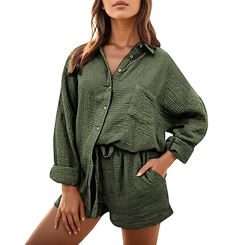 Dislsokrhov Damen Sommer Zweiteiler Plissee Set Elegant Hosenanzug Freizeitanzug Einfarbig Bluse High Waist Shorts Casual Loungewear Y2K Streetwear Luftige Sport Sets Damen Kurz Outfit von Dislsokrhov