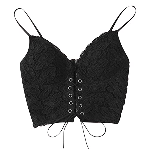 Dislsokrhov Damen Spitzen Cami Tops Camisole Tank Tops Verstellbare Spaghettiträger Oberteile Top mit BH Integriert Bustier Spitze Push up Spitzen Camisole Crop Top Bauchfrei Basis Top Schwarz,M von Dislsokrhov