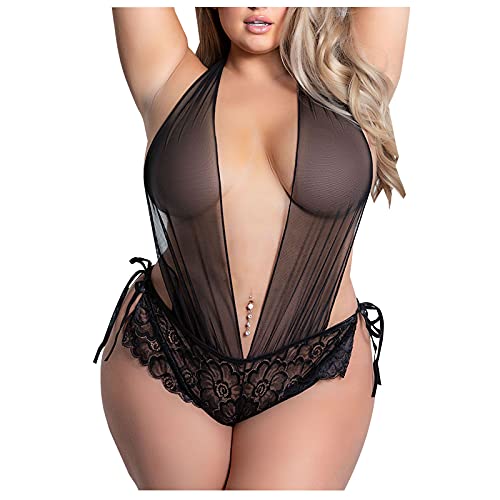 Dislsokrhov Sexy Dessous Damen Für Sexy Set mit Strumpfband 3-teilig Spitze Teddy Bodysuit BH Set Für Sex erotische Dessous Frau Lingerie Panty Dessous Sets Schwarz 5XL von Dislsokrhov