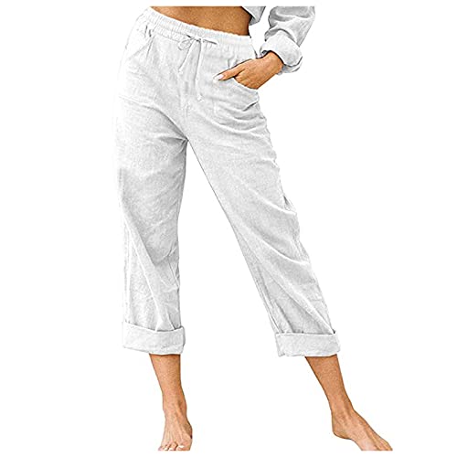 Dislsokrhov Sommerhose Damen Leicht, Damen Pant Lange Haremshose Luftig Einfarbig Lose Gerade Freizeithose Stretch Streetwear Strandhose Mit Taschen Dünne Caprihose Bunt Große Größen Weiß,XL von Dislsokrhov