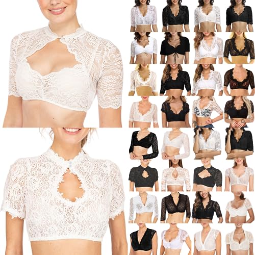 Dislsokrhov Trachten Damen Dirndlbluse Spitze - Weiß Dirndlblusen Frauen Kurzarm Oktoberfest Halbarm Tracht Bluse,Spitze Dirndlbluse Halbarm Weiß Sexy Dirndl Bluse Rundhals Damen Trachtenbluse von Dislsokrhov