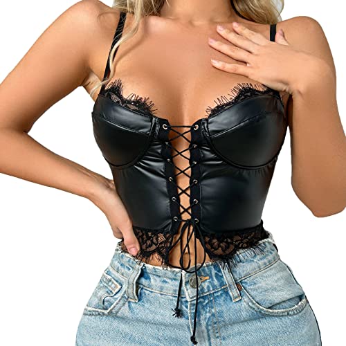 Hebe BH Offen Damen Latex BH Neckholder Wetlook Oberteil Busenfrei Reizwäsche Brust Harness Kostüm Top Kreuz Strappy Bra Leder/Spitzen Bustier Oberteile Wetlook BH Top Clubwear B2-Schwarz,S von Dislsokrhov