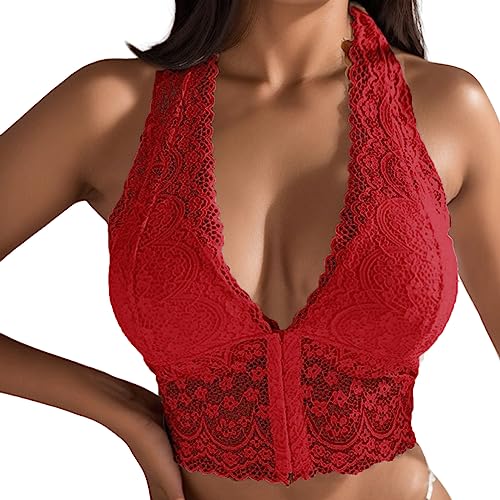 Neckholder BH Bralette Damen Sexy Tiefer V-Ausschnitt Offene Brüste BH Rückenfreier Triangel Bralette Ohne Bügel Push up BH Starker Halt Triangel Bikini Oberteil mit Metall Ring G1-Rot,S von Dislsokrhov