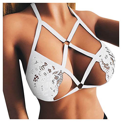 Offene Brust BH Damen Hebe BH Ouvert Spitze Dessous mit Metall Ring Verstellbare Bandage Sexy Körper Cross Cage BH Blumen Spitze Bustier Sexy Tiefer V-Ausschnitt BH Weiß,XXL von Dislsokrhov