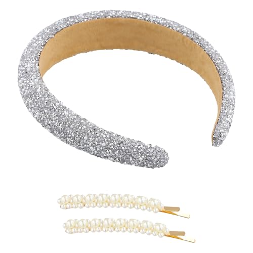 Disnace Glitzer Strass Haarreifen, Glitzer Haarreif Bride Haarreif Damen Stirnband, Mädchen Haarschmuck für Hochzeiten Partys Geburtstage und Täglichen Gebrauch, mit Zwei Perlen-Haarspangen von Disnace
