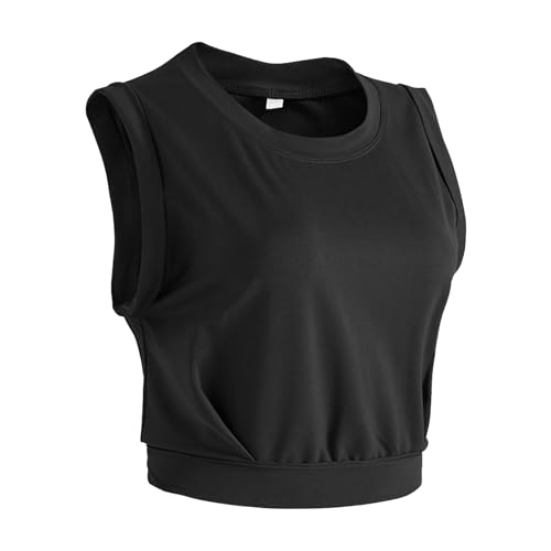 Disnace Schwarze Sport Tank Tops Für Damen,Große Größe Yoga Shirt Damen Locker,Damen Tank Tops,Crop Top Set,Sommer Ärmellose Sportweste，Workout Crop Top Damen-Crop Top Set (M) von Disnace