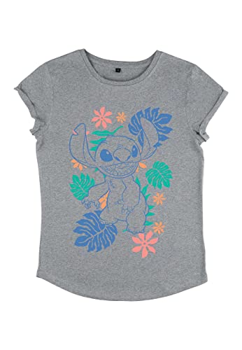 Disney Damen Lilo & Stitch Retro Tropical Tonal Stitch Women's Organic Rolled Sleeve T-shirt, Melange Grau, L von Disney Classics