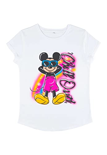 Disney Damen Mickey Classic Airbrushed Mickey Women's Organic Rolled Sleeve T-shirt, Weiß, XL von Disney Classics