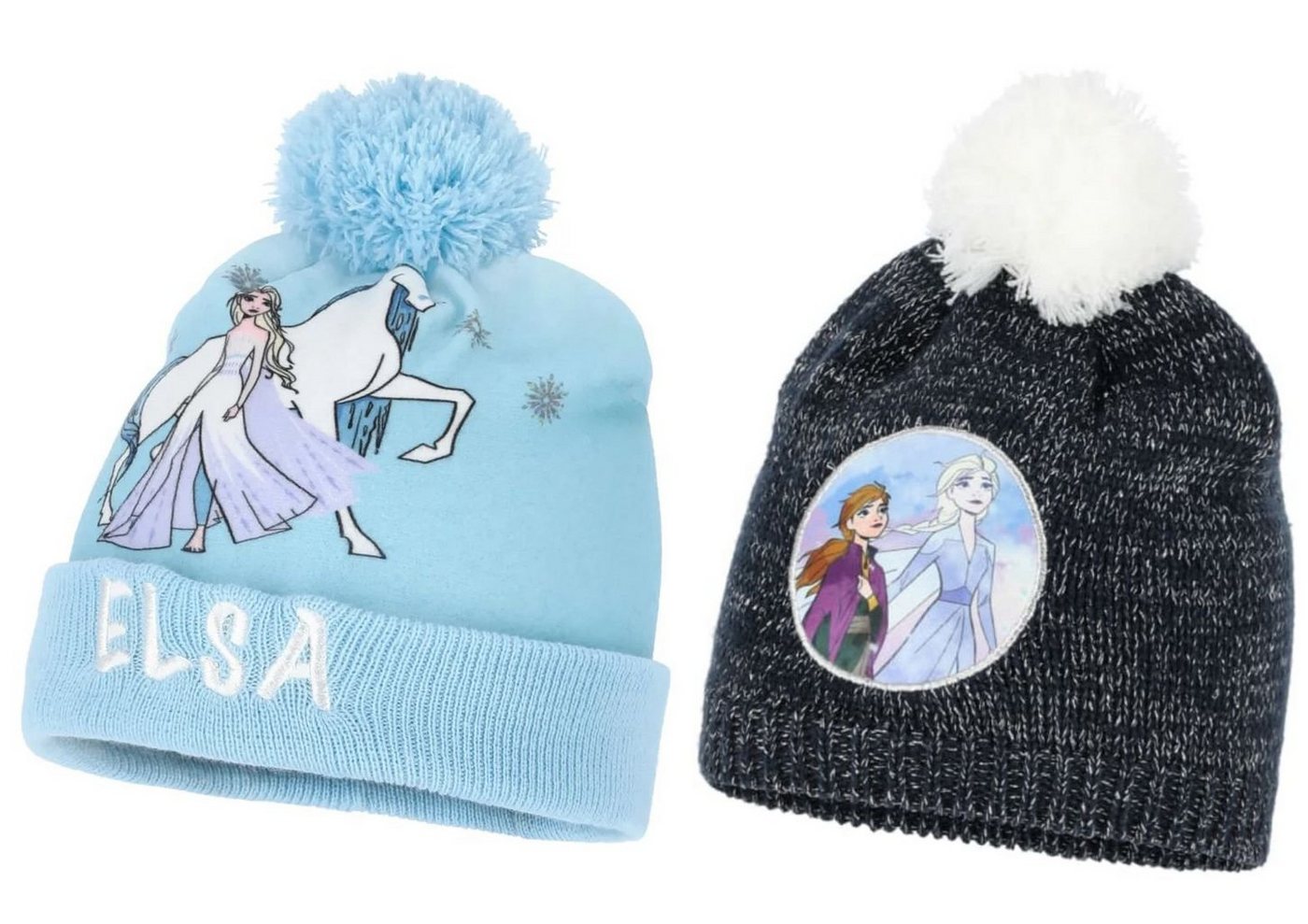 Disney Frozen Bommelmütze 2x Wintermützen Frozen Anna + Elsa Mädchen Kinder Mützen Gr. 52 + 54 lizensierter Druck Disney Frozen von Disney Frozen