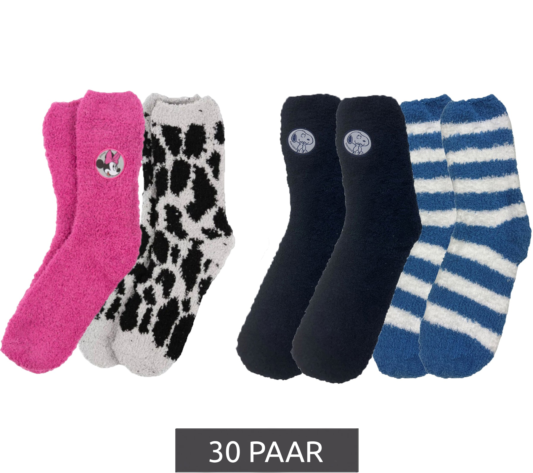 30 Paar Disney Minnie Mouse oder Peanuts Snoopy Damen Kuschel-Socken warme Winter-Strümpfe mit Logo-Patch Rosa/Weiß oder Dunkelblau/Hellblau von Disney