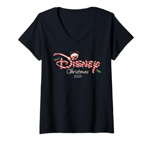 Damen Disney Christmas 2025 Candy Cane Script Logo Holiday Trip T-Shirt mit V-Ausschnitt von Disney