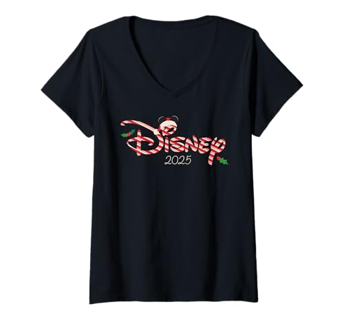 Damen Disney Christmas Candy Cane Script Logo 2025 Holiday Trip T-Shirt mit V-Ausschnitt von Disney