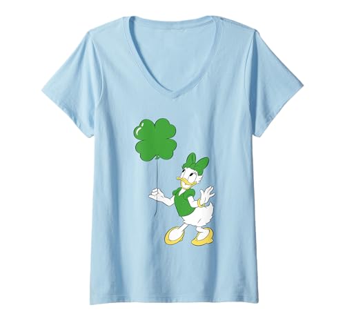 Damen Disney Daisy Duck 4-Leaf Clover Balloon St. Patrick's Day T-Shirt mit V-Ausschnitt von Disney