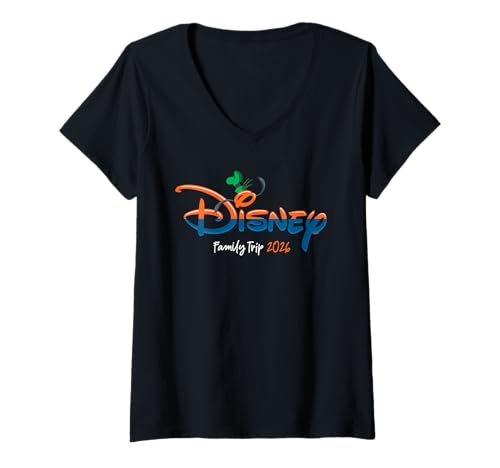Damen Disney Goofy Script Logo Family Trip 2026 Vacation T-Shirt mit V-Ausschnitt von Disney