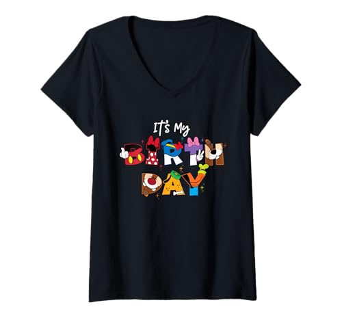 Damen Disney "It's My Birthday" Mickey Mouse and Friends Letters T-Shirt mit V-Ausschnitt von Disney