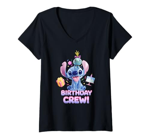 Damen Disney Lilo & Stitch with Scrump Big Shiny Birthday Crew T-Shirt mit V-Ausschnitt von Disney