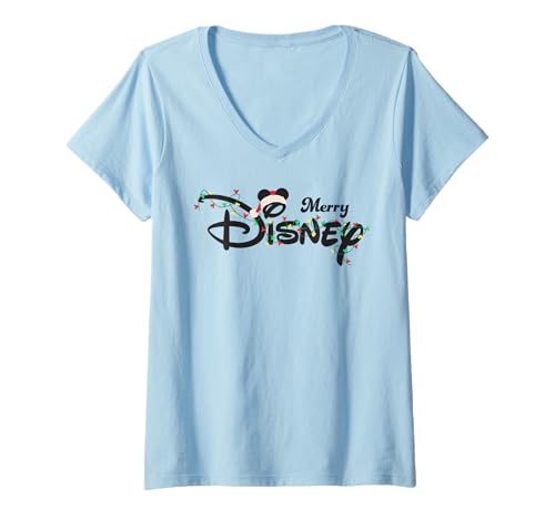 Damen Disney Merry Christmas Lights Script Logo Holiday Trip T-Shirt mit V-Ausschnitt von Disney