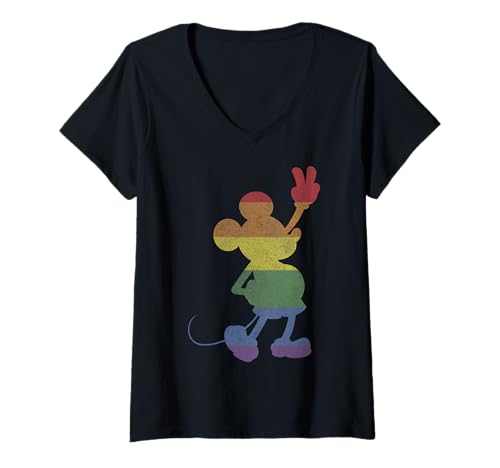 Damen Disney Mickey And Friends Rainbow Stripe Mickey T-Shirt mit V-Ausschnitt von Disney