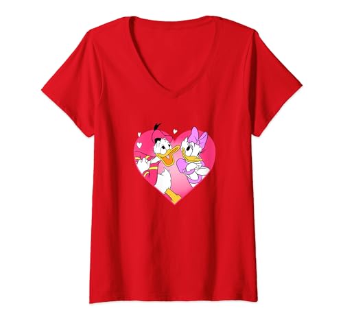 Damen Disney Mickey And Friends Valentinstag Donald & Daisy T-Shirt mit V-Ausschnitt von Disney