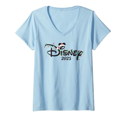 Damen Disney Mickey Christmas Lights Script Logo 2025 Holiday Trip T-Shirt mit V-Ausschnitt von Disney