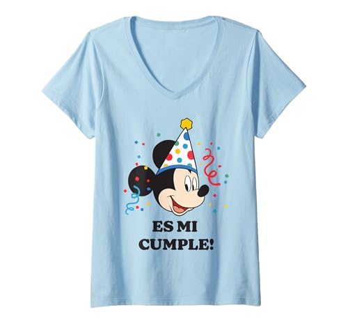 Damen Disney Mickey Mouse ¡Es Mi Cumple! Fiesta de Cumpleaños T-Shirt mit V-Ausschnitt von Disney