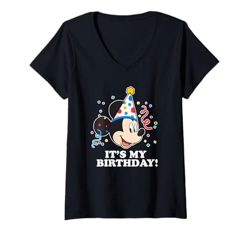 Damen Disney Mickey Mouse It's My Birthday T-Shirt mit V-Ausschnitt von Disney