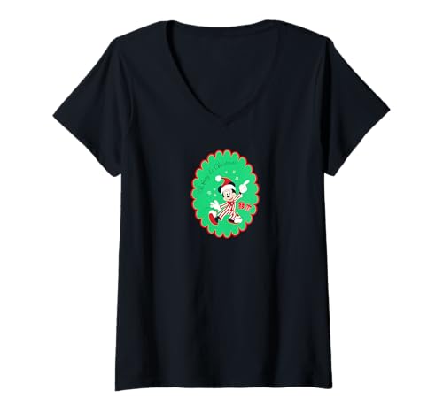 Damen Disney Mickey Mouse Oh Boy It's Christmas Holiday Sticker T-Shirt mit V-Ausschnitt von Disney