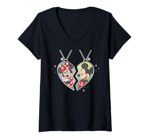 Damen Disney Mickey and Minnie Mouse Love Heart Necklace Matching T-Shirt mit V-Ausschnitt von Disney