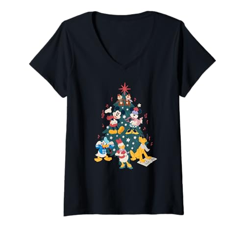 Damen Disney Mickey & Friends Holiday Retro Christmas Tree Carols T-Shirt mit V-Ausschnitt von Disney