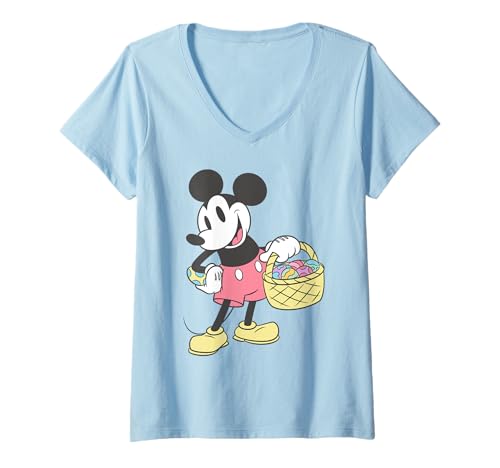 Damen Disney Mickey & Friends Mickey Easter Eggs Basket Retro Logo T-Shirt mit V-Ausschnitt von Disney