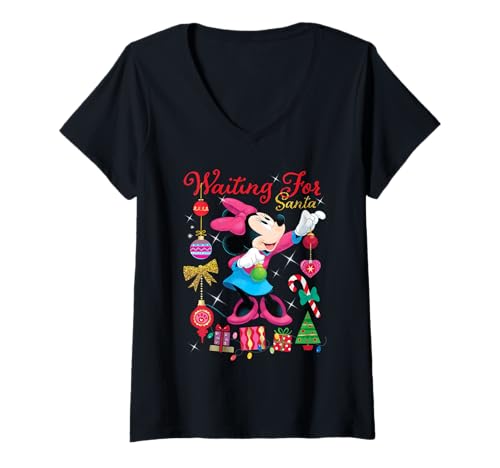 Damen Disney Minnie Mouse Christmas Waiting for Santa Holiday T-Shirt mit V-Ausschnitt von Disney