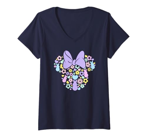 Damen Disney Minnie Mouse Easter Cute Bunny Floral Silhouette Logo T-Shirt mit V-Ausschnitt von Disney