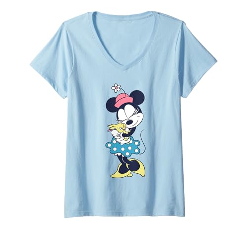 Damen Disney Minnie Mouse Easter Cute Minnie and Bunny Chest Logo T-Shirt mit V-Ausschnitt von Disney