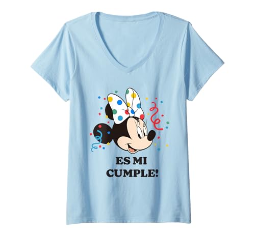 Damen Disney Minnie Mouse '¡Es Mi Cumple!' Fiesta de Cumpleaños T-Shirt mit V-Ausschnitt von Disney