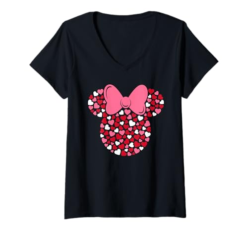 Damen Disney Minnie Mouse Icon Pink Hearts Valentine's Day T-Shirt mit V-Ausschnitt von Disney