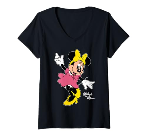 Damen Disney Minnie Mouse Retro Character Sweet Pose Trip Matching T-Shirt mit V-Ausschnitt von Disney
