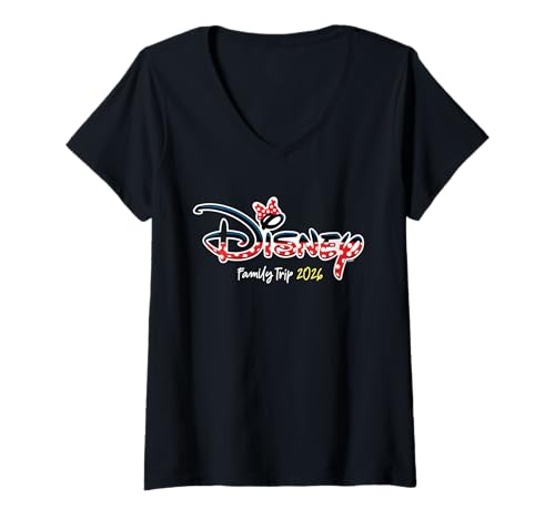 Damen Disney Minnie Mouse Script Logo Family Trip 2026 Vacation T-Shirt mit V-Ausschnitt von Disney