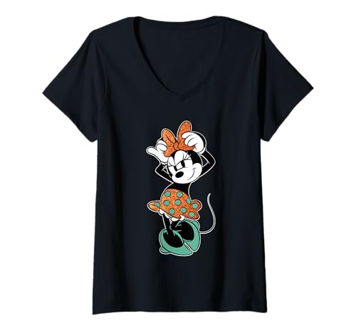 Damen Disney Minnie Mouse in Orange & Green Color Trend Bow Pose T-Shirt mit V-Ausschnitt von Disney