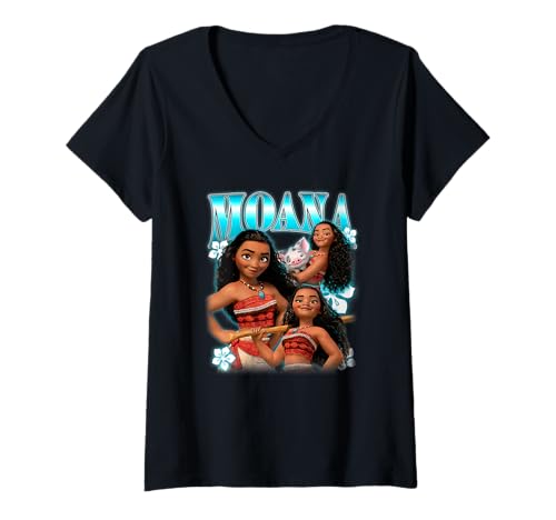 Damen Disney Moana Multipose Collage Distressed Portrait T-Shirt mit V-Ausschnitt von Disney