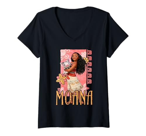 Damen Disney Moana with Pua The Pig Island Vibes Portrait T-Shirt mit V-Ausschnitt von Disney