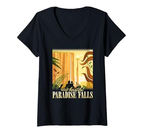 Damen Disney Pixar Up Visit Beautiful Paradise Falls Portrait T-Shirt mit V-Ausschnitt von Disney