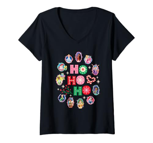 Damen Disney Princess Christmas Ho Ho Ho Winter Holiday Portraits T-Shirt mit V-Ausschnitt von Disney